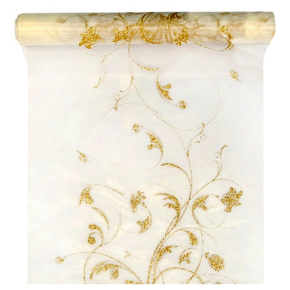 Organza bedruckt 9m x 48cm Goldener Brokat Streifendesign