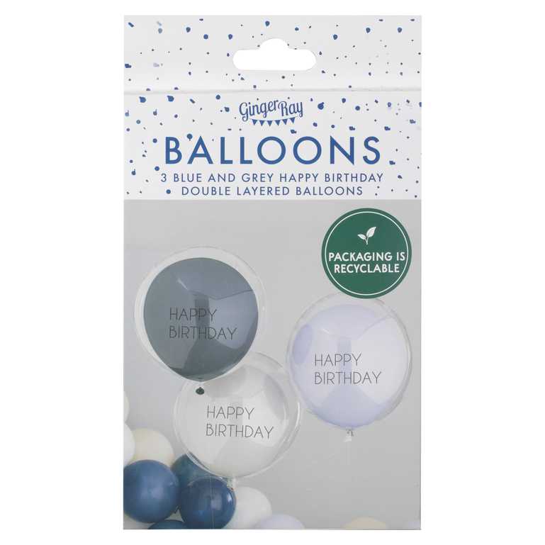 Latexballons Happy Birthday 3er Pack doppelwandig grau