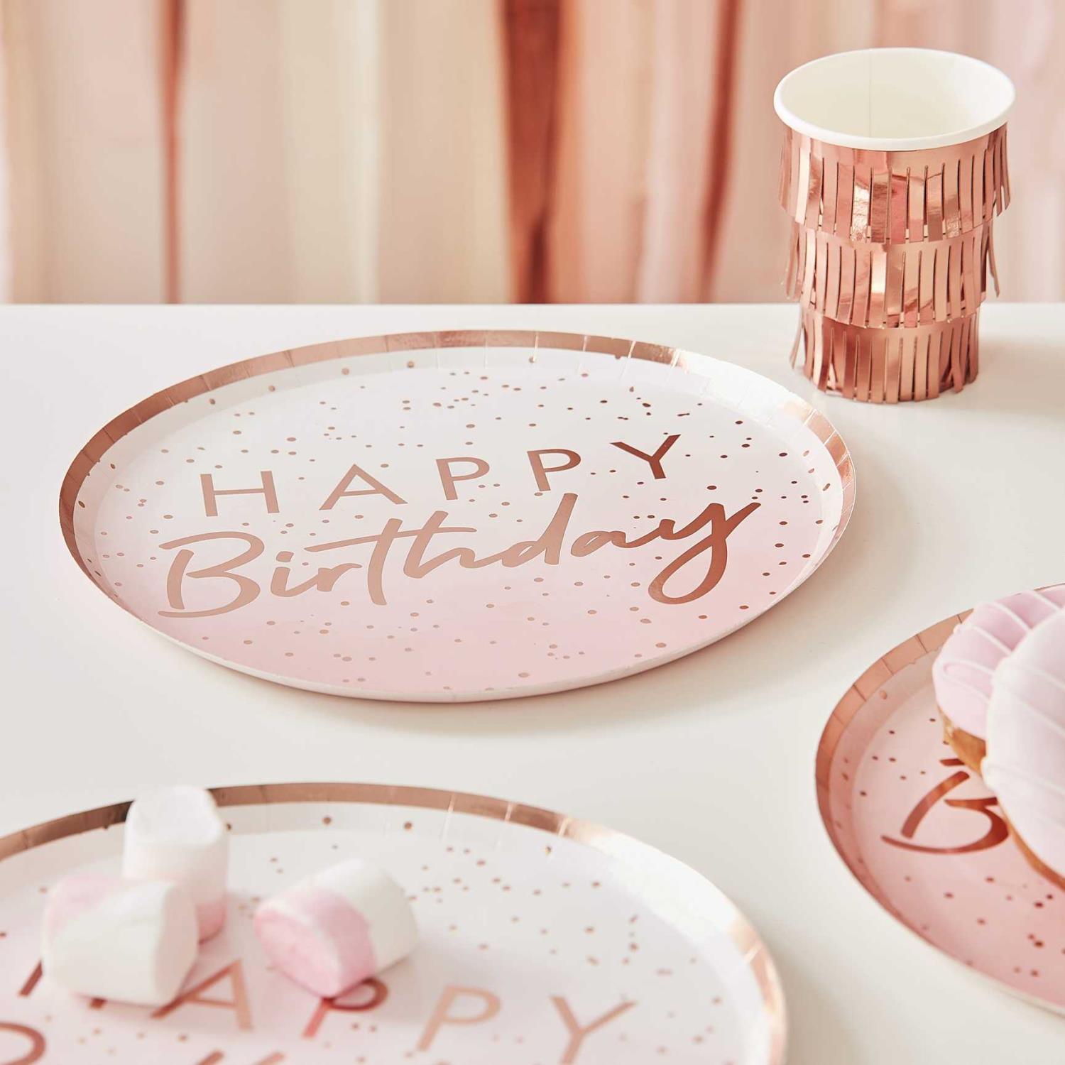 Rose Gold Ombre Happy Birthday Pappteller, 8 Stück